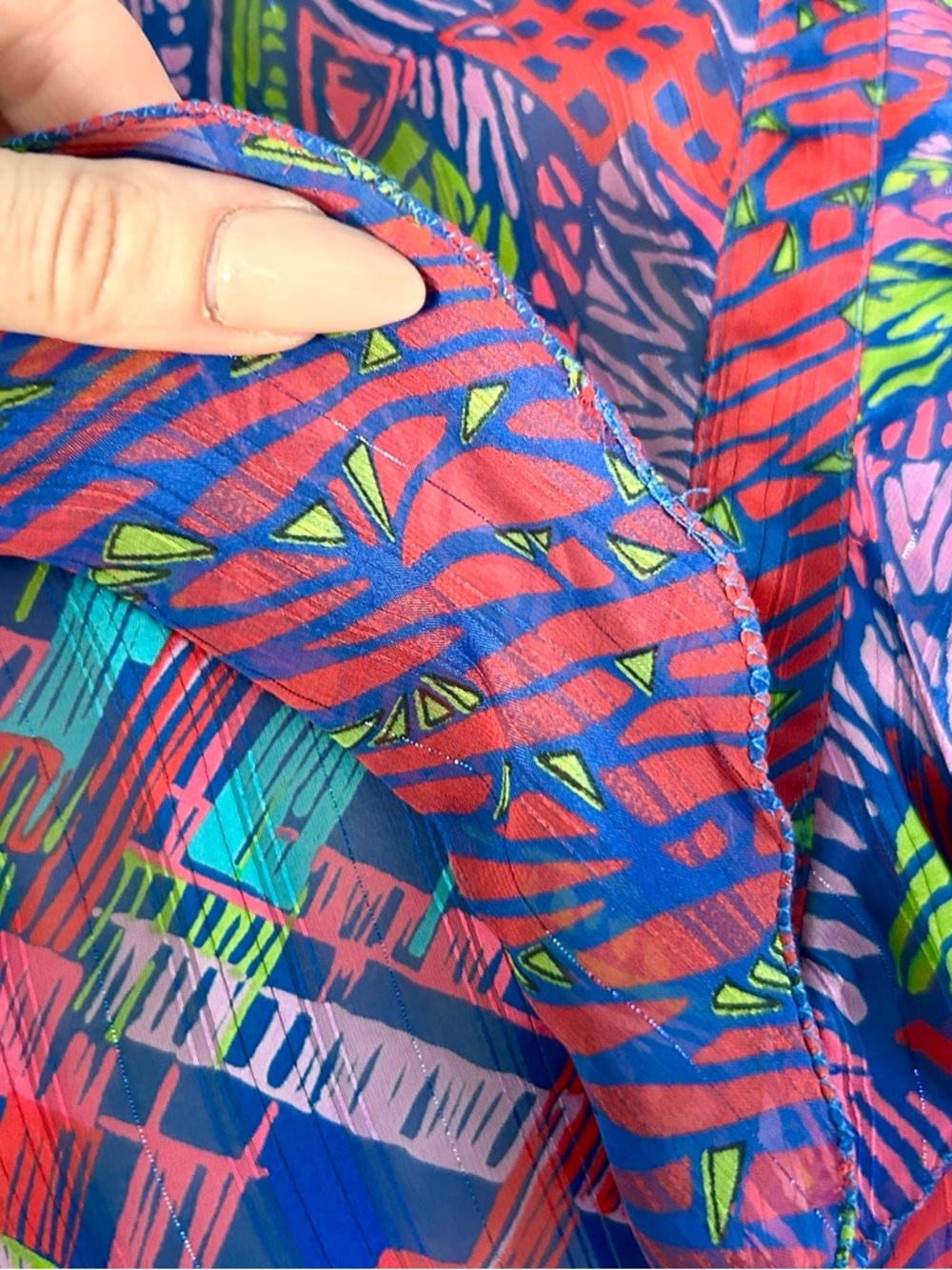Vintage 80s Diane Freis Bold Multicolor Abstract Ruffle Drawstring Top, Size L - Picture 5 of 17